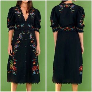 FARM Rio Black Midi Dress with Colorful Embroidery